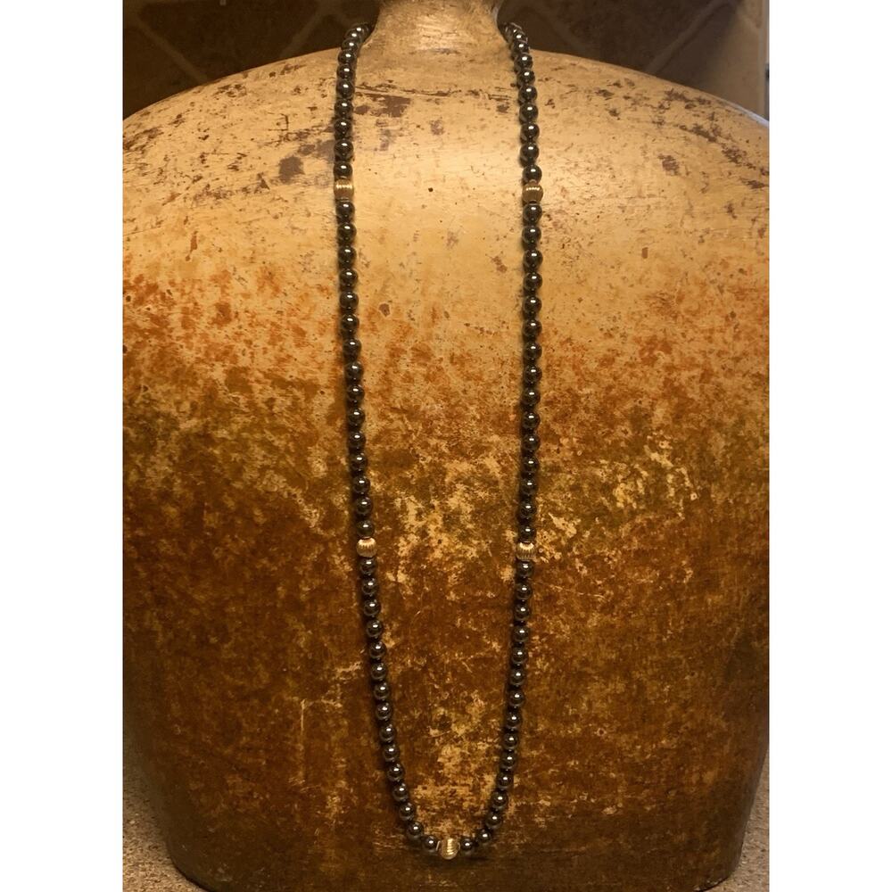 14K Yellow Gold and Hematite Beaded Necklace 34 Inches Vintage